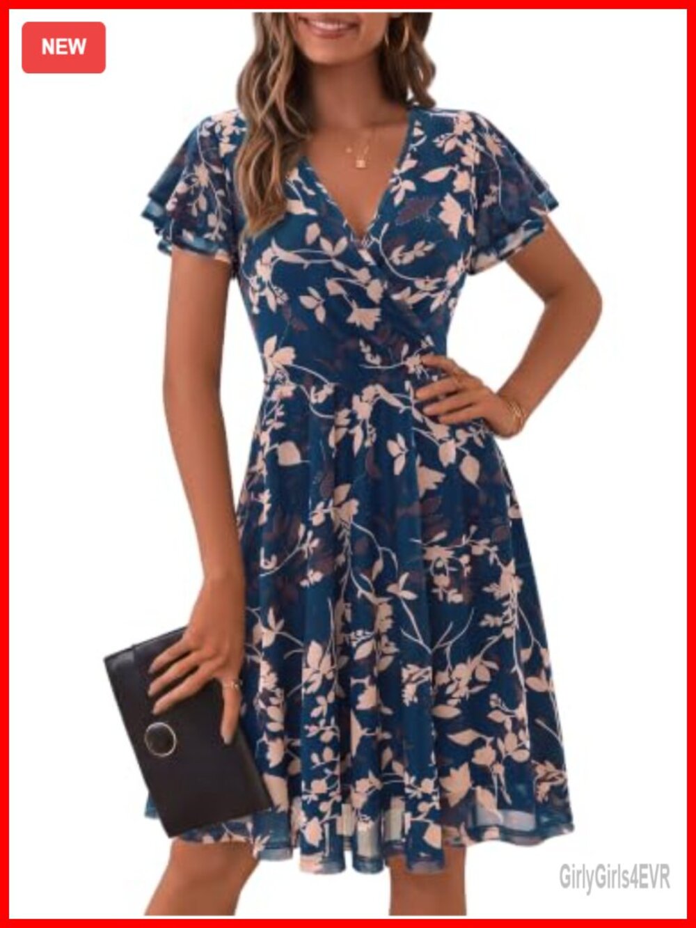 Womens Wrap V-Neck Knee Length Floral Mesh Dress Wedding Guest